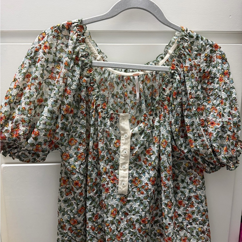 Free People Multicolor Floral Blouse with Puff Sleeves